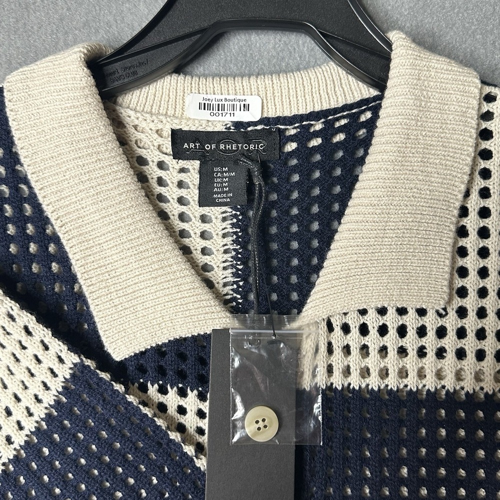 Art of Rhetoric Mens M Navy Blue Checkerboard Open Knit Short Sleeve NEW
